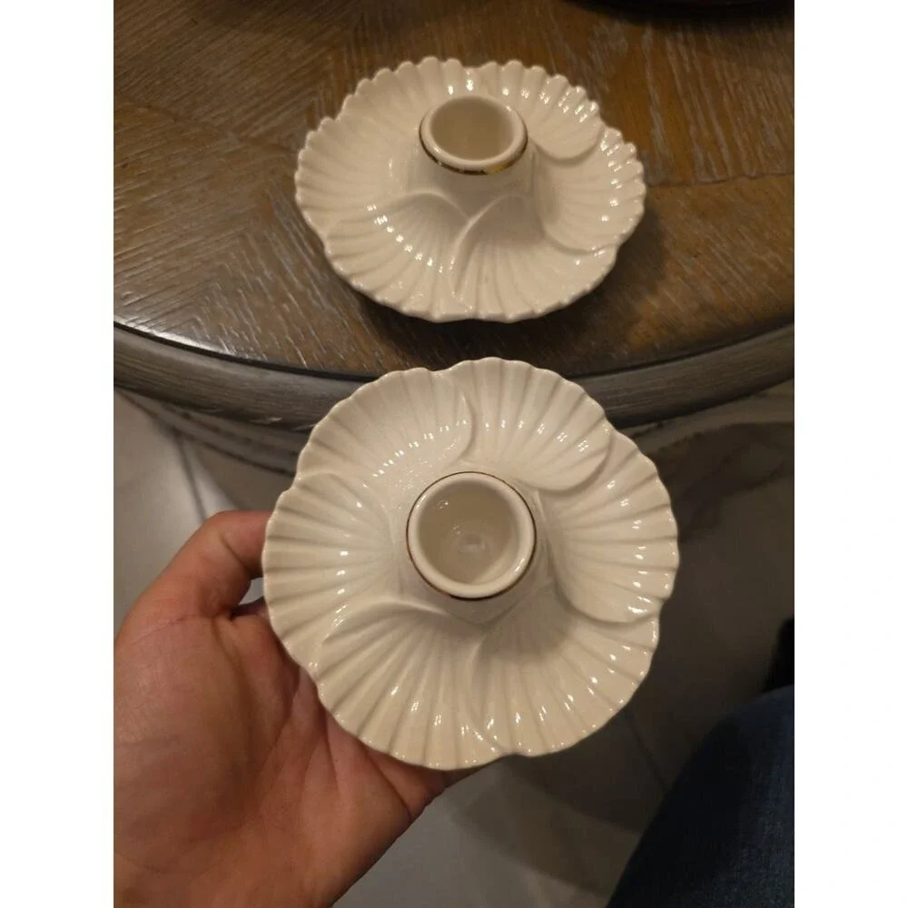 Lenox Shell Candlestick Candle Holders Set of 2 Ivory Gold Trim EUC Elegant‎